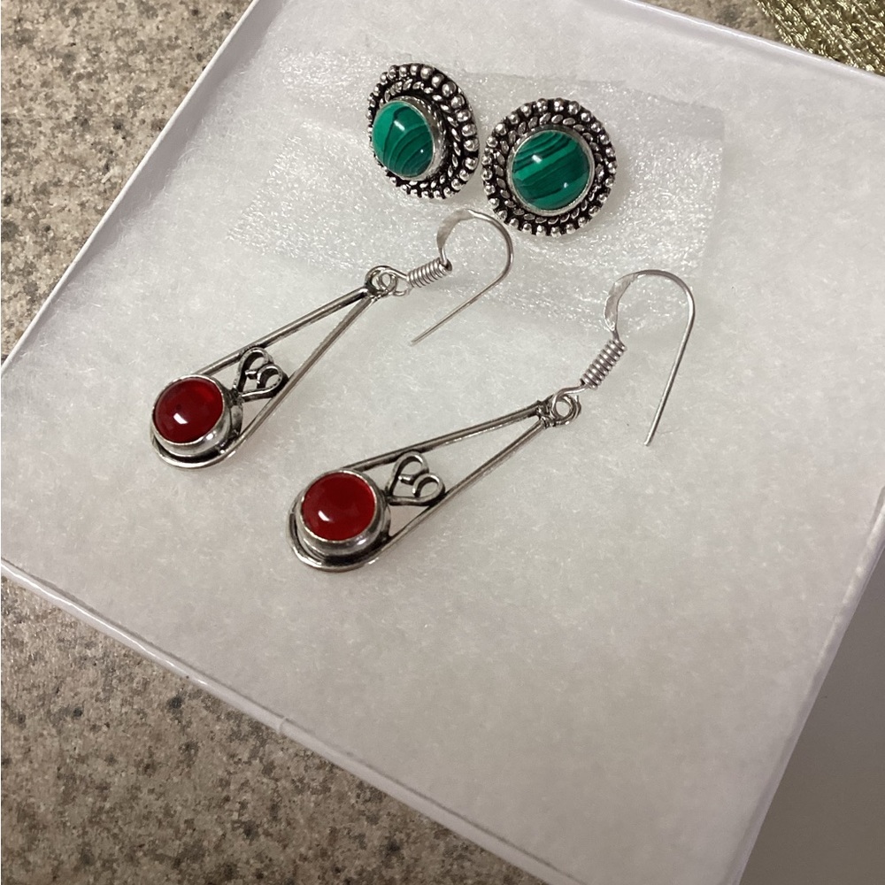 Silver Teardrop Earrings with Red Stone & Silver Studs with Green Stone